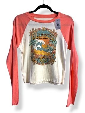 🌊 Billabong Graphic Raglan Tee Pink Cream Long Sleeve Surf Boho NWT Medium